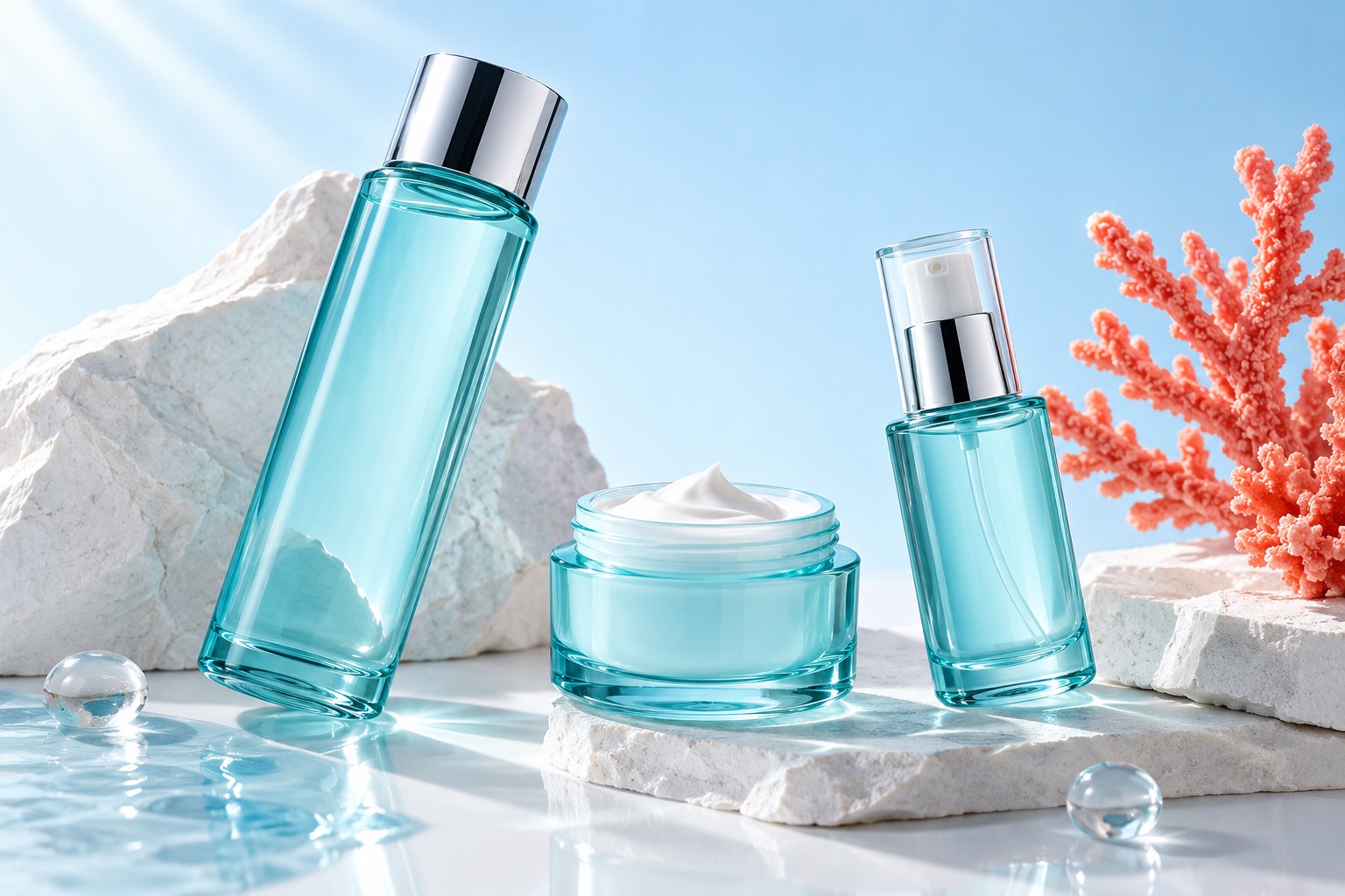 Illustrative skincare products in aqua glass with a coral accent