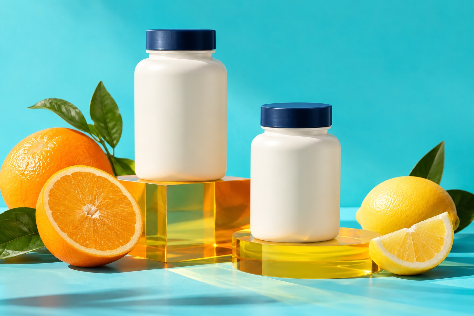 Illustrative supplement products against a bright turquoise background
